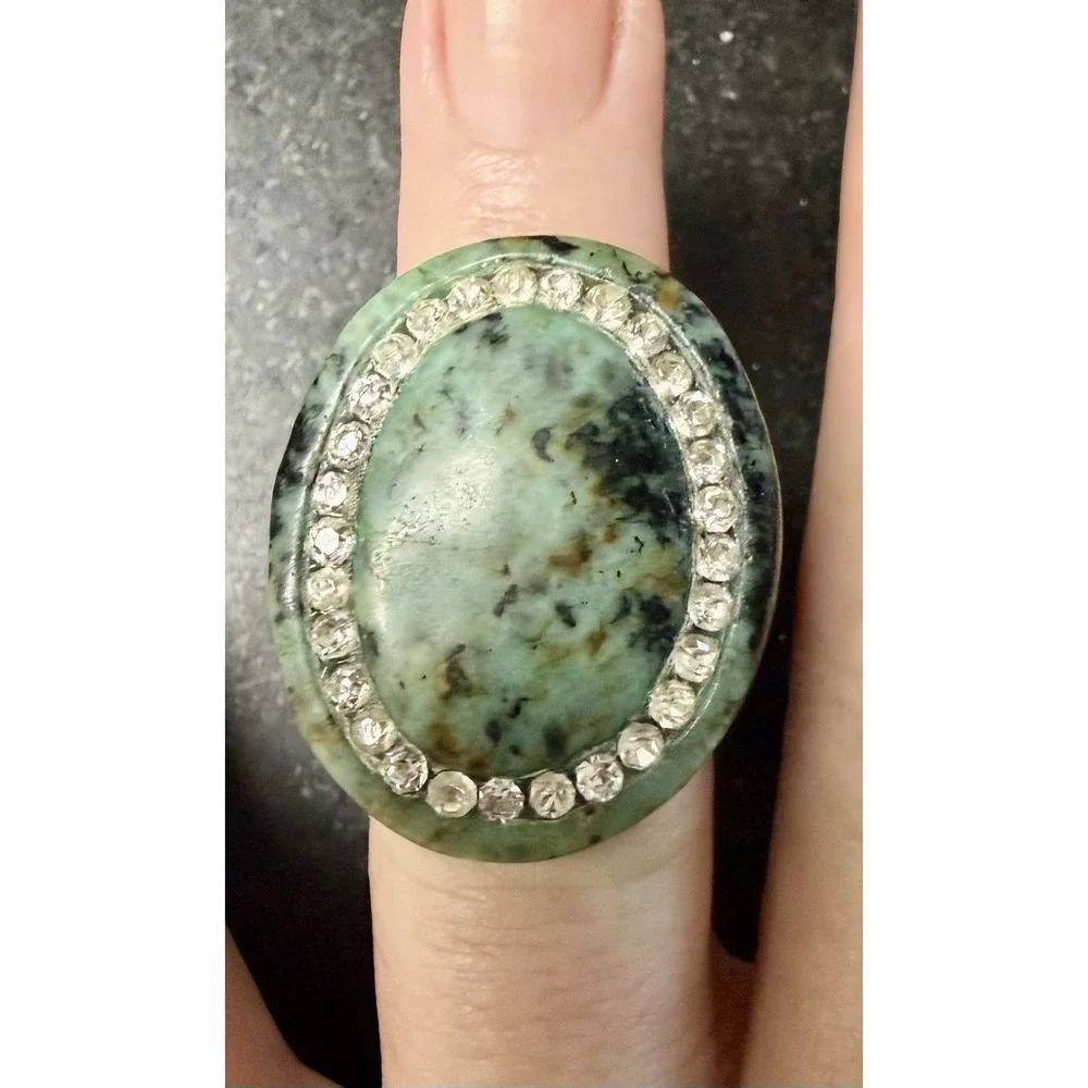 Vintage Natural Variscite Rhinestone Halo Statement Ring Size 6.5